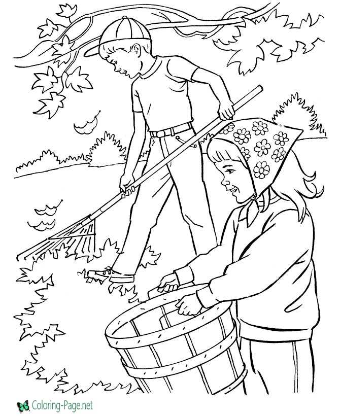Boy and Girl Raking Leaves - Autumn Coloring Page