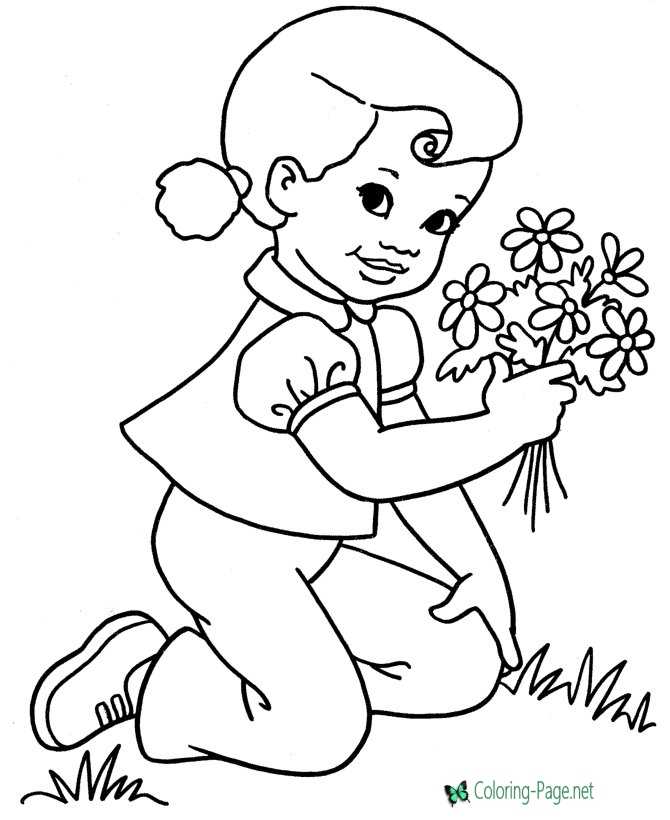 Girl Picking Flower Coloring Pages