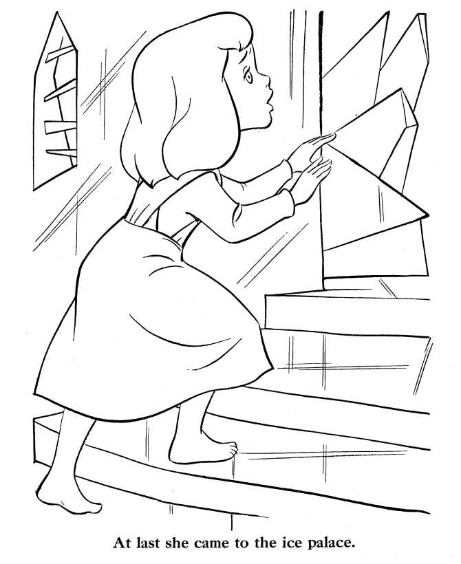 printable Snow Queen coloring page - Gerda at Ice Palace