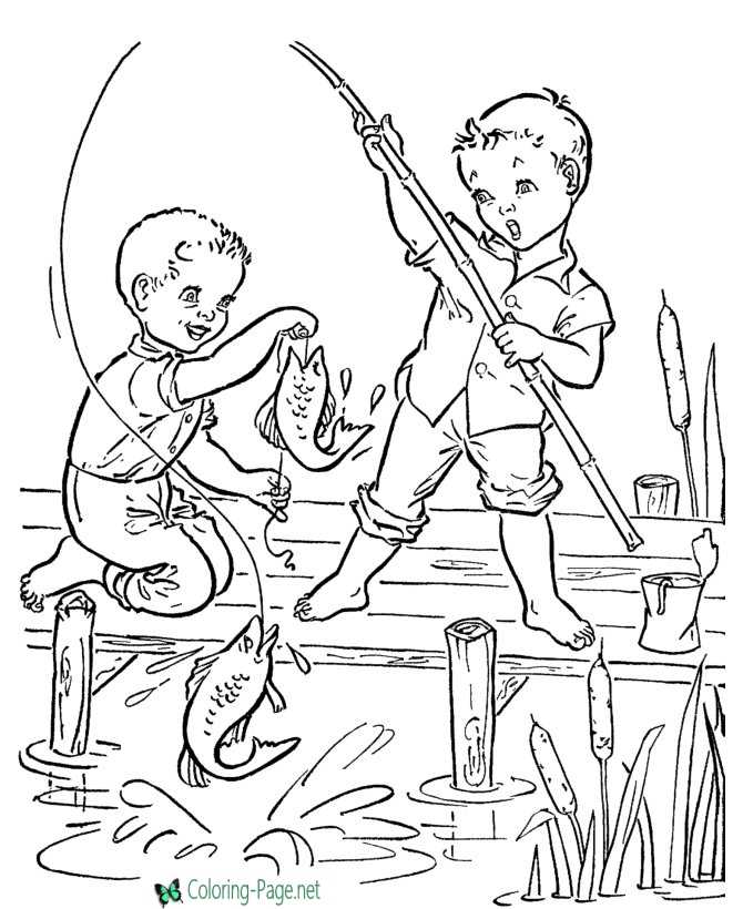 Boys Fishing Fish Coloring Pages
