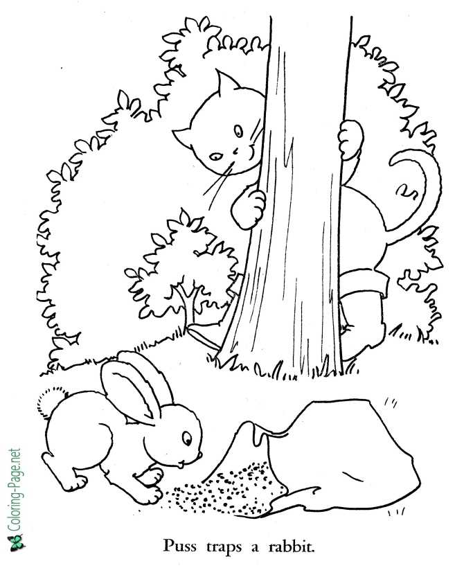 Fairy Tale - Puss in Boots Coloring Page - Traps a Rabbit
